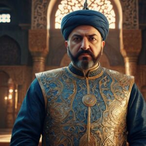 İlk Türk-İslam devletlerinin siyasi yapısı ve kültür-medeniyet anlayışını yansıtan, Selçuklu sultanı ve dönemin mimari eserleriyle zenginleştirilmiş temsili bir görsel.