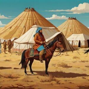 İslamiyet öncesi Türk tarihini görselleştiren bir resim. Atlar, yurtlar ve göçebe hayat.