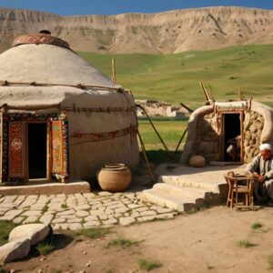 İslamiyet öncesi Türk kültür ve medeniyetini gösteren illüstrasyon; Orta Asya’da Göktürk ve Uygur dönemlerine ait çadırlar (yurt), balık adı verilen erken Türk şehirleri, Orhun Yazıtları, kurultay sahnesi, töre anlayışı, geleneksel Türk kıyafetleri ve sosyal yaşam unsurları.