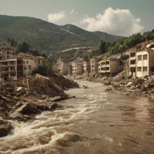 Türkiye’de doğal afetler ve çevre konusunu anlatan, deprem, sel ve orman yangınlarını gösteren coğrafya temalı eğitim görseli